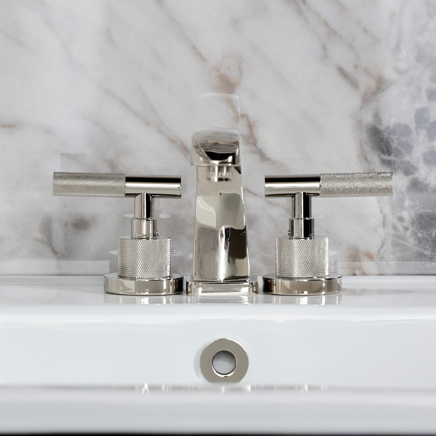 Kingston Sona KS4946KNL - Convergent Two-Handle 3-Hole Deck Mount Widespread Bathroom Faucet with Knurled Handle and Brass Pop-Up, Polished Nickel — thumbnail 3